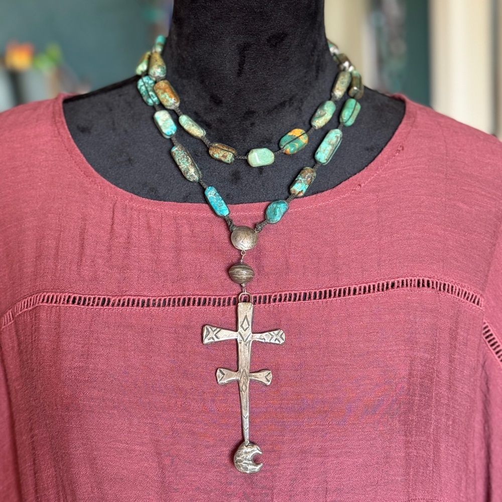 Love Tokens Jewelry Sterling & Turquoise Beaded Isleta Cross Necklace - Picture 2 of 6